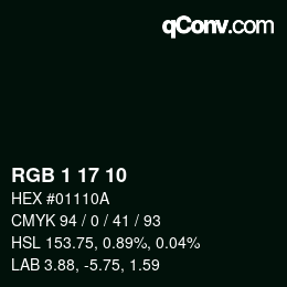 カラーコード: RGB 1 17 10 | qconv.com