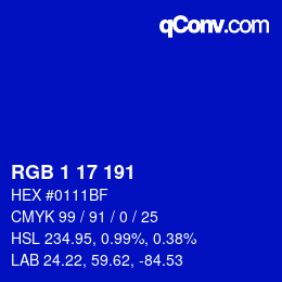 Color code: RGB 1 17 191 | qconv.com