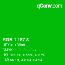 Color code: RGB 1 187 8 | qconv.com