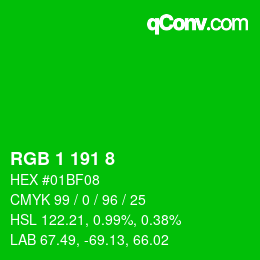 カラーコード: RGB 1 191 8 | qconv.com