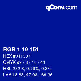 カラーコード: RGB 1 19 151 | qconv.com