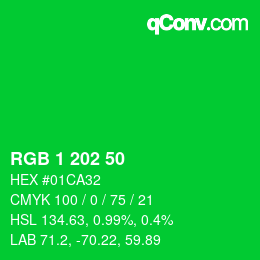 カラーコード: RGB 1 202 50 | qconv.com