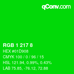 カラーコード: RGB 1 217 8 | qconv.com
