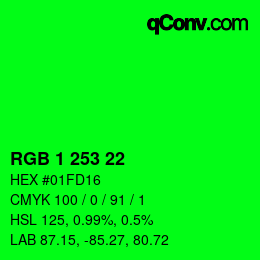 カラーコード: RGB 1 253 22 | qconv.com