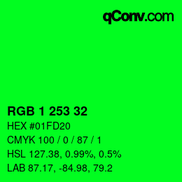 カラーコード: RGB 1 253 32 | qconv.com
