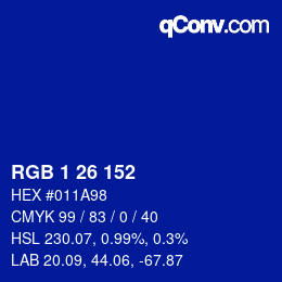 カラーコード: RGB 1 26 152 | qconv.com