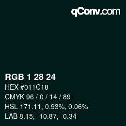 カラーコード: RGB 1 28 24 | qconv.com