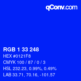 Color code: RGB 1 33 248 | qconv.com