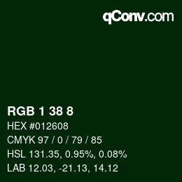 カラーコード: RGB 1 38 8 | qconv.com