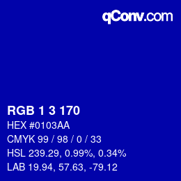 カラーコード: RGB 1 3 170 | qconv.com
