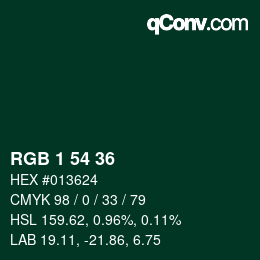 カラーコード: RGB 1 54 36 | qconv.com