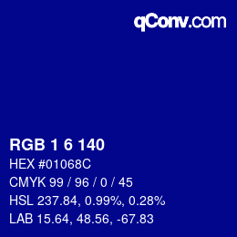 Color code: RGB 1 6 140 | qconv.com