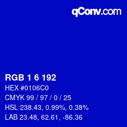 カラーコード: RGB 1 6 192 | qconv.com