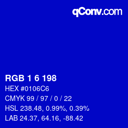 カラーコード: RGB 1 6 198 | qconv.com
