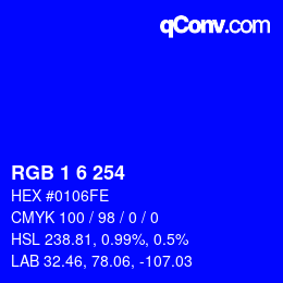 颜色代码: RGB 1 6 254 | qconv.com