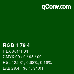 カラーコード: RGB 1 79 4 | qconv.com