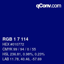 Color code: RGB 1 7 114 | qconv.com