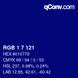Color code: RGB 1 7 121 | qconv.com