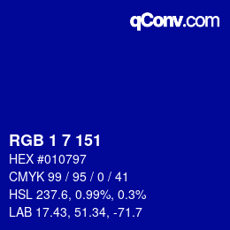 Farbcode: RGB 1 7 151 | qconv.com