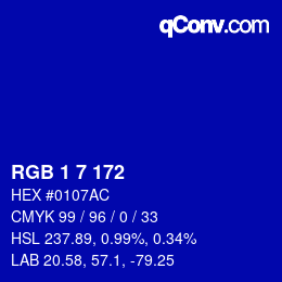 カラーコード: RGB 1 7 172 | qconv.com