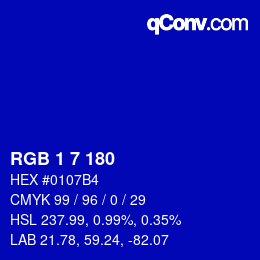 カラーコード: RGB 1 7 180 | qconv.com