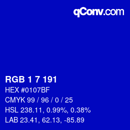 カラーコード: RGB 1 7 191 | qconv.com