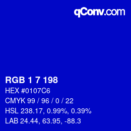 颜色代码: RGB 1 7 198 | qconv.com
