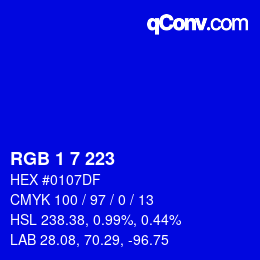Color code: RGB 1 7 223 | qconv.com