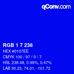 Color code: RGB 1 7 238 | qconv.com