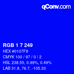 Color code: RGB 1 7 249 | qconv.com