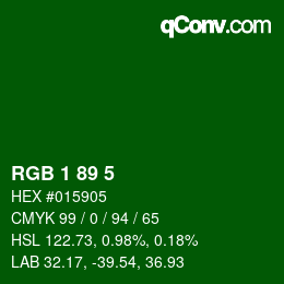 カラーコード: RGB 1 89 5 | qconv.com