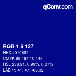 颜色代码: RGB 1 8 137 | qconv.com