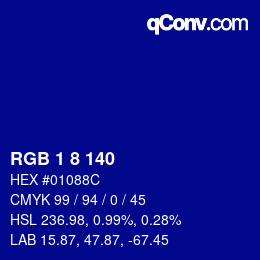Color code: RGB 1 8 140 | qconv.com