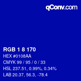 Farbcode: RGB 1 8 170 | qconv.com