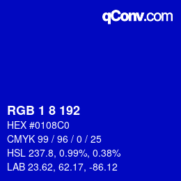 Color code: RGB 1 8 192 | qconv.com