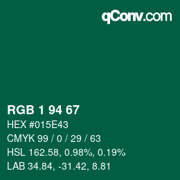 カラーコード: RGB 1 94 67 | qconv.com