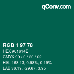 Color code: RGB 1 97 78 | qconv.com
