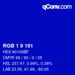 カラーコード: RGB 1 9 191 | qconv.com
