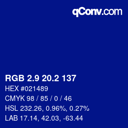 カラーコード: RGB 2.9 20.2 137 | qconv.com