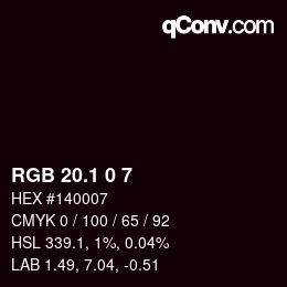 カラーコード: RGB 20.1 0 7 | qconv.com