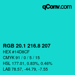 カラーコード: RGB 20.1 216.8 207 | qconv.com