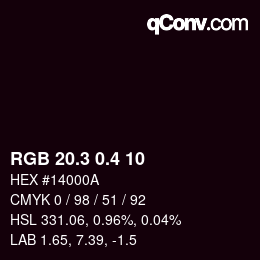 カラーコード: RGB 20.3 0.4 10 | qconv.com