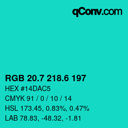 カラーコード: RGB 20.7 218.6 197 | qconv.com