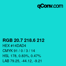 カラーコード: RGB 20.7 218.6 212 | qconv.com