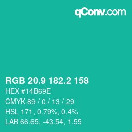 カラーコード: RGB 20.9 182.2 158 | qconv.com