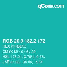 カラーコード: RGB 20.9 182.2 172 | qconv.com