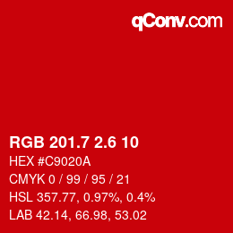 カラーコード: RGB 201.7 2.6 10 | qconv.com