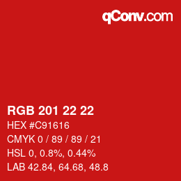 カラーコード: RGB 201 22 22 | qconv.com