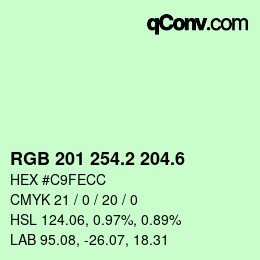 カラーコード: RGB 201 254.2 204.6 | qconv.com