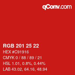 カラーコード: RGB 201 25 22 | qconv.com